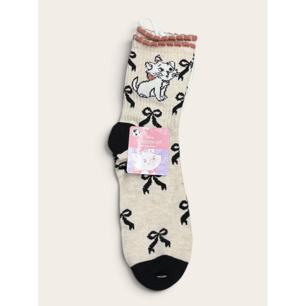 Disney The Aristocats Marie Mid-Crew Socks 2 Pairs NWT Beige White Bows 4-10